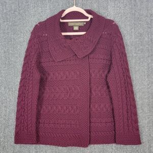 Inis Crafts Cardigan Sweater Womens L Berry Purple 100% Merino Wool Cable Knit